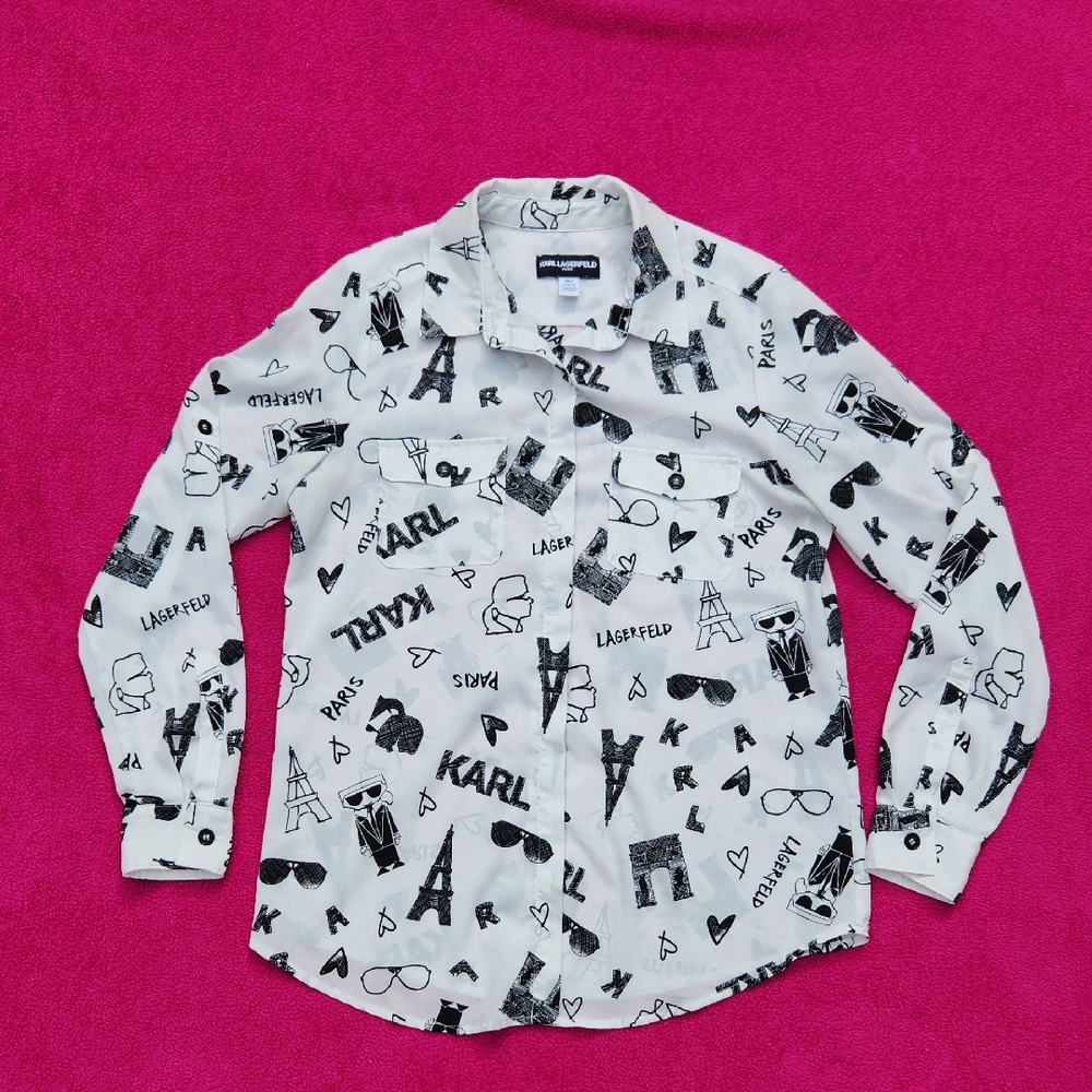 Karl Lagerfeld Paris Sketch Print Button Down Blouse - XS